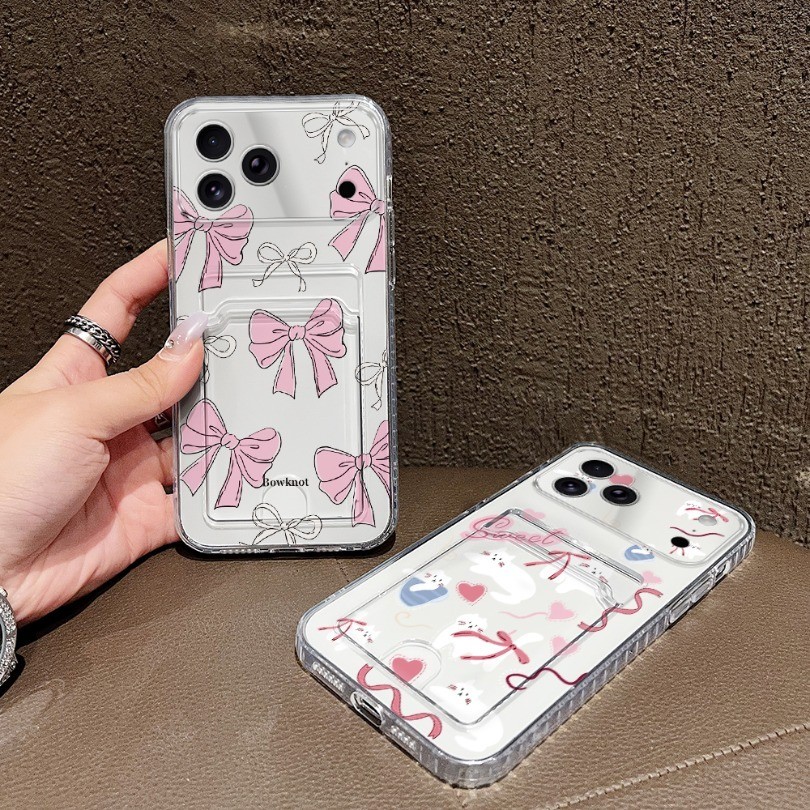 โปร่งใสช่องใส่การ์ดซิลิโคนสําหรับRealmeหมายเหตุ 60 60X 50 C75 C67 23 Lite C65 14X C73 C61 C63 C55 C53 C35 เคสโทรศัพท์สีชมพูBowknotแมวสีขาวฝาครอบป้องกันสําหรับC51 NFC