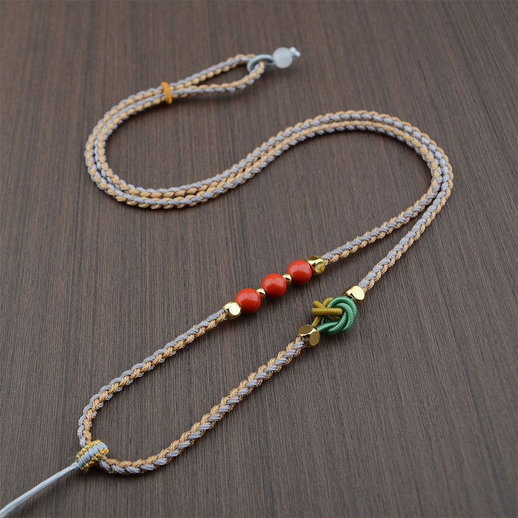 สองภาพ ~ Seiko ถัก Mandala ดอกไม้ Knot จี้เชือก Cinnabar Halter เชือก Pei หยกสร้อยคอเชือกปรับได้