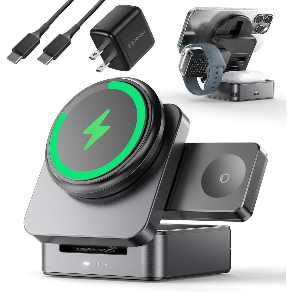 ZEEHOO สถานีชาร์จไร้สายแม่เหล็กแบบพับได้ 3-in-1, Qi2 ได้รับการรับรอง 15W Travel Charger Stand Dock ส