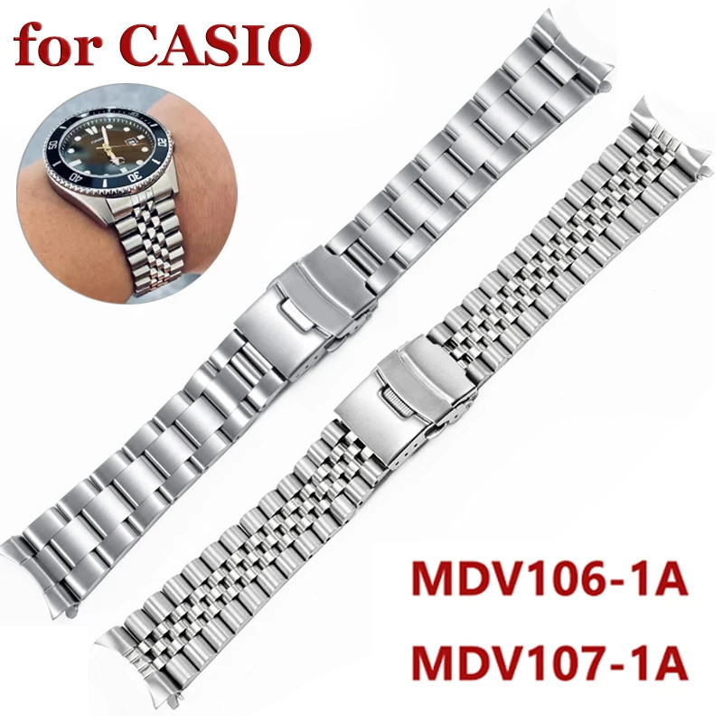 22 มม.MDV106 สายนาฬิกาสร้อยข้อมือนาฬิกาดําน้ําสําหรับ MDV-106 MDV-107 สายรัดข้อมือโลหะสายเหล็กสีเงิน