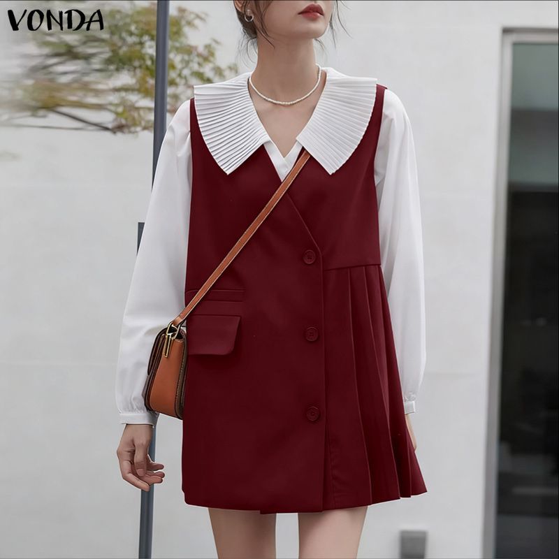 VONDA กระโปรง-mini-A-line สไตล์เกาหลีสำหรับผู้หญิง ปกคอวี พาทเวิร์ค และพลาตเตอรัส — صورة 5