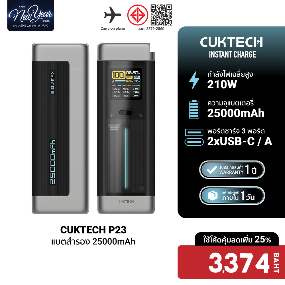[ลดเหลือ 3374] CUKTECH P23 Powerbank แบตสำรอง 25000mAh CCC / CE จ่ายไฟรวมกันสูงถึง 210W พอร์ตเดียวแร