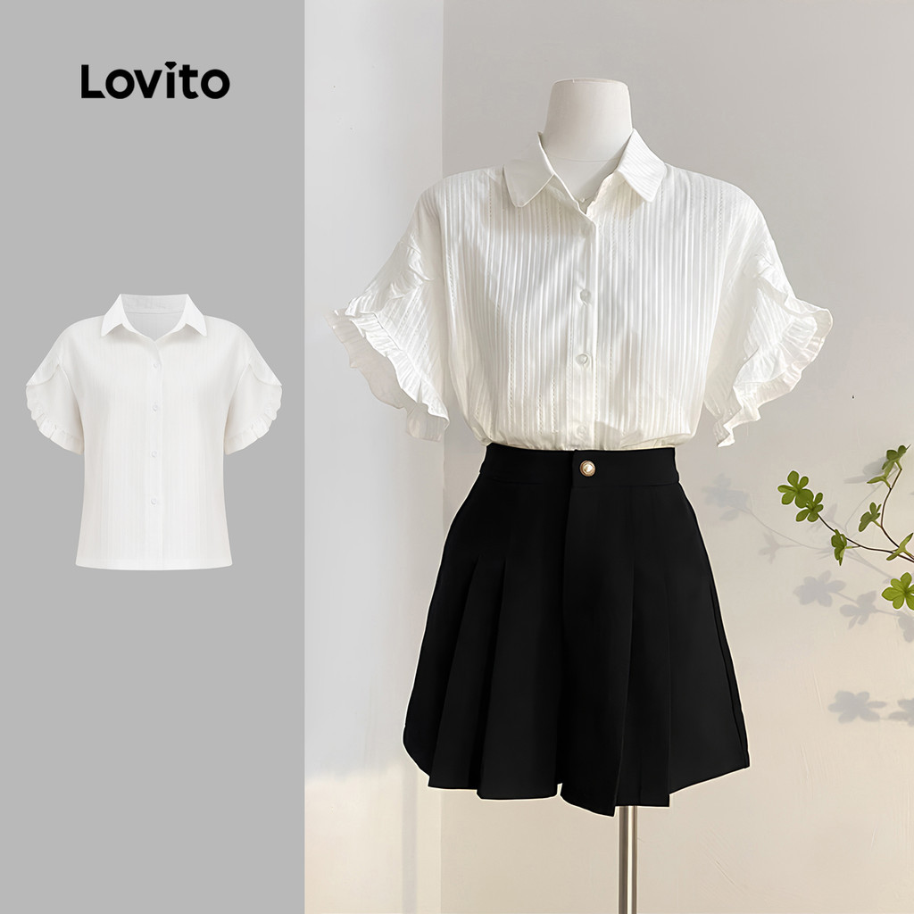 (New) Lovito เสื้อบลูสส์ลายจาคการ์ดดีไซน์ระบาย สำหรับผู้หญิง สีขาว ฤดูใบไม้ผลิ/ฤดูร้อน L142LD441