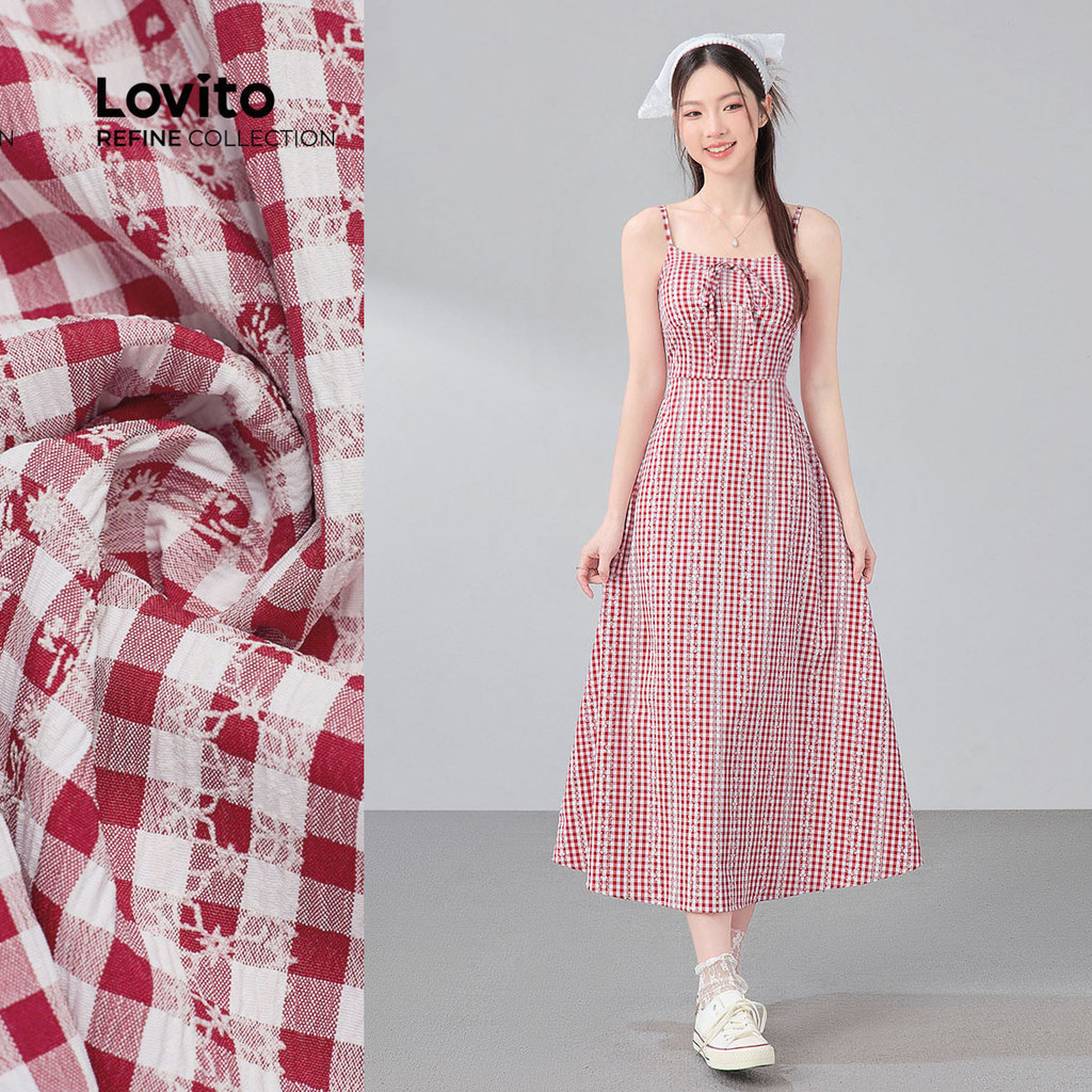 (Lovito Refine) ชุดเดรสกาวธรรมดาแบบผูกโบว์ฤดูใบไม้ผลิ/ฤดูร้อนสีแดง สำหรับผู้หญิง LR21A025