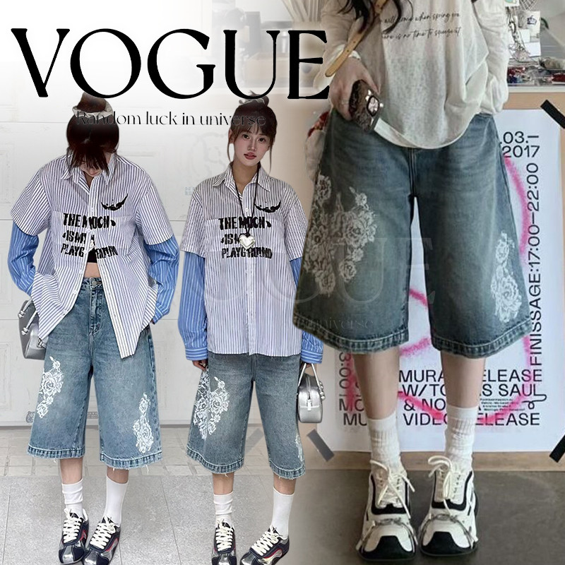 Vogue🌟พร้อมส่ง🌟 กางเกงยีนส์ 4ส่วน สีฟ้าอ่อนเฟด ลายดอกไม้น่ารักๆ สุดคิ้ว (NZ88081)