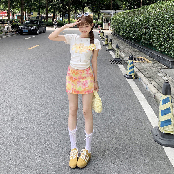 Korean shorts กางเกงขาสั้นสบาย cicishop1 [Jinyin] Dopamine กระโปรงแพ็คสะโพก พิมพ์ลายดอกไม้สีสันสดใส 