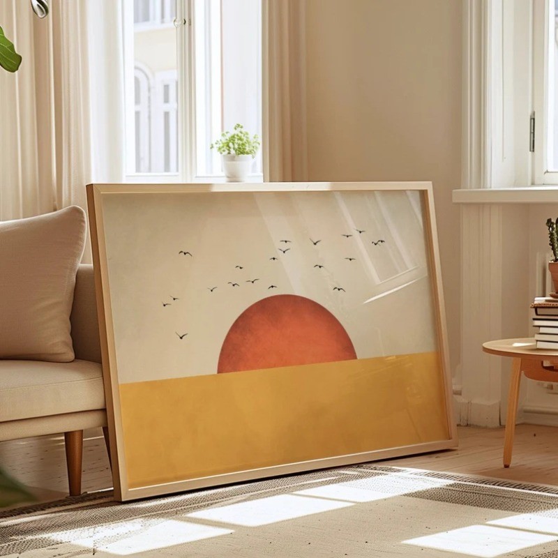 สีเหลือง Flock of Birds Cavans Art, สีส้ม Sun Print, Japandi บทคัดย่อภูมิทัศน์สําหรับตกแต่งห้องนั่งเล่น