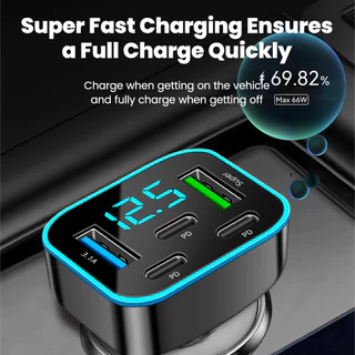 ที่ชาร์จในรถยนต์แบบ 5 พอร์ต 66W ชาร์จเร็ว 2USB 3Type C PD QC3.0 อะแดปเตอร์ชาร์จโทรศัพท์ในรถ