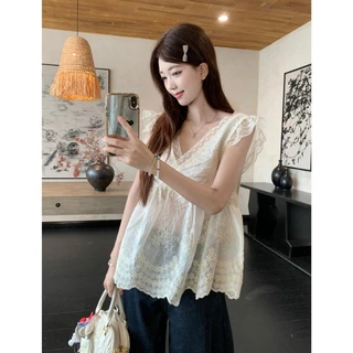 LINNA~Xเวอร์ชันเกาหลี คอวี ลูกไม้ แขนกุด เสื้อเชิ้ต รุ่นใหม่ สไตล์แฟชั่น