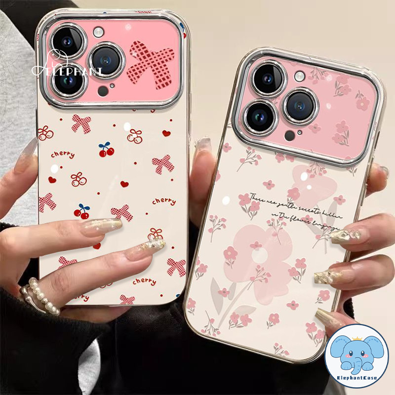 สำหรับ IPhone 17 11 15 16 13 Air 12 14 Pro Max 7 8 15 Plus XR X XS Max เคสหน้าต่างใหญ่ลายโบว์สีชมพูน่ารัก