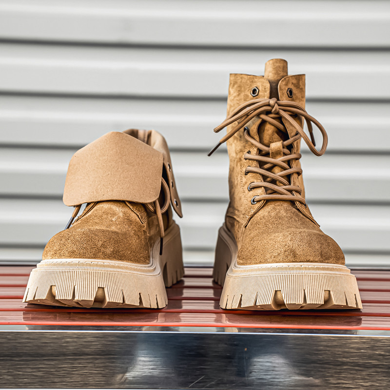 [Kowwloon-CBS] American Retro Martin Boots หนาSoled Heightened Lapel รองเท้ารถจักรยานยนต์ Niche สวมใ