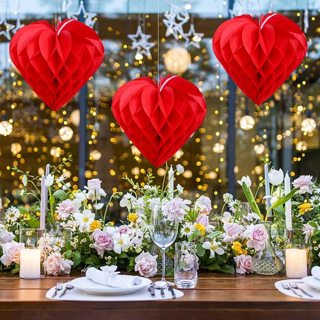 1/3/5ชิ้นวันวาเลนไทน์ตกแต่งงานแต่งงานรูปหัวใจลูกรังผึ้ง,สีแดงกระดาษเพดานตกแต่งผนังสําหรับงานเลี้ยงโรแมนติกฉลอง - รูปที่ 4