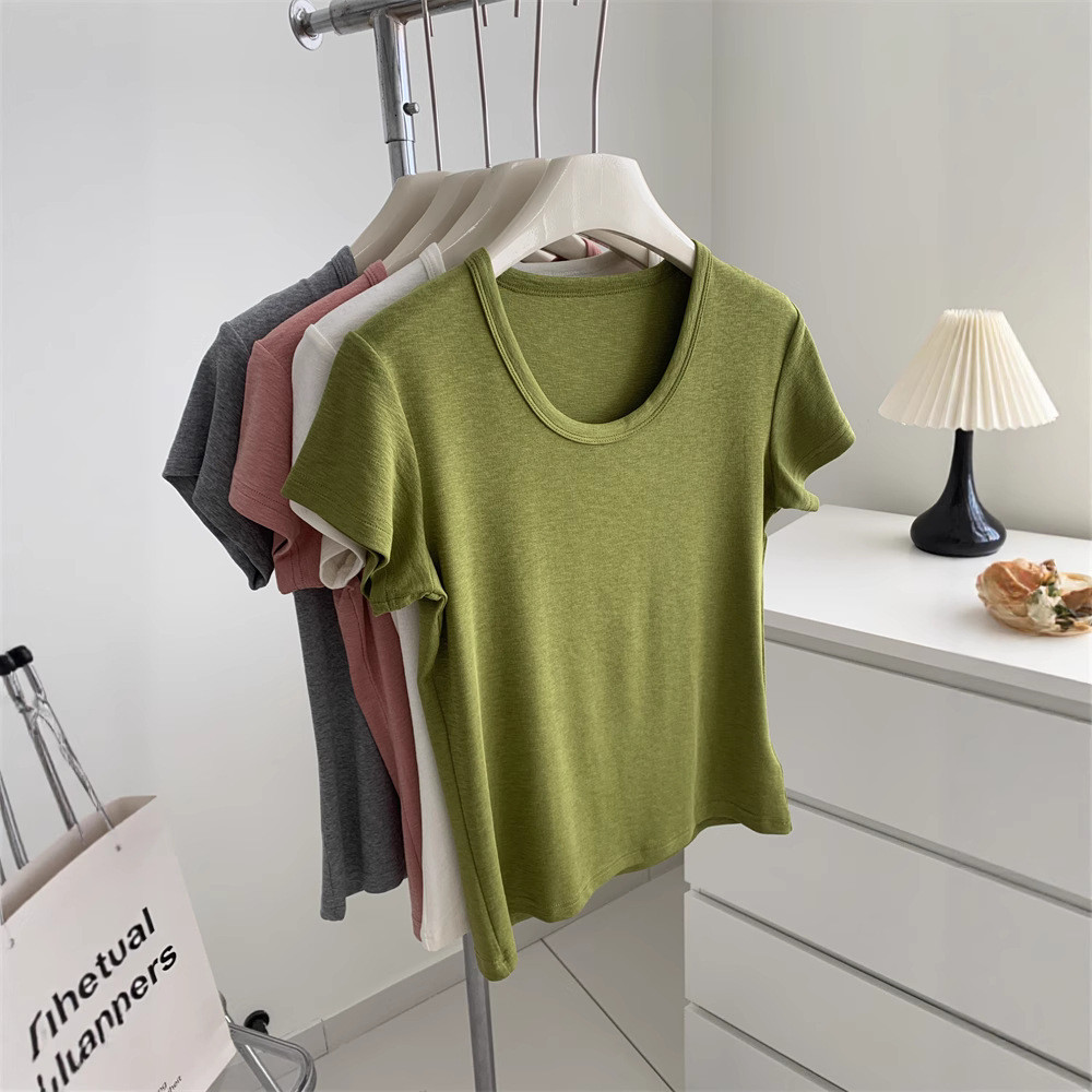 ฤดูร้อนหญ้าสีเขียว U-คอสีทึบเสื้อยืดผู้หญิงสีขาว Retro Slimmer ดูด้านหน้าไหล่แขนสั้นยืด Bottoming เส