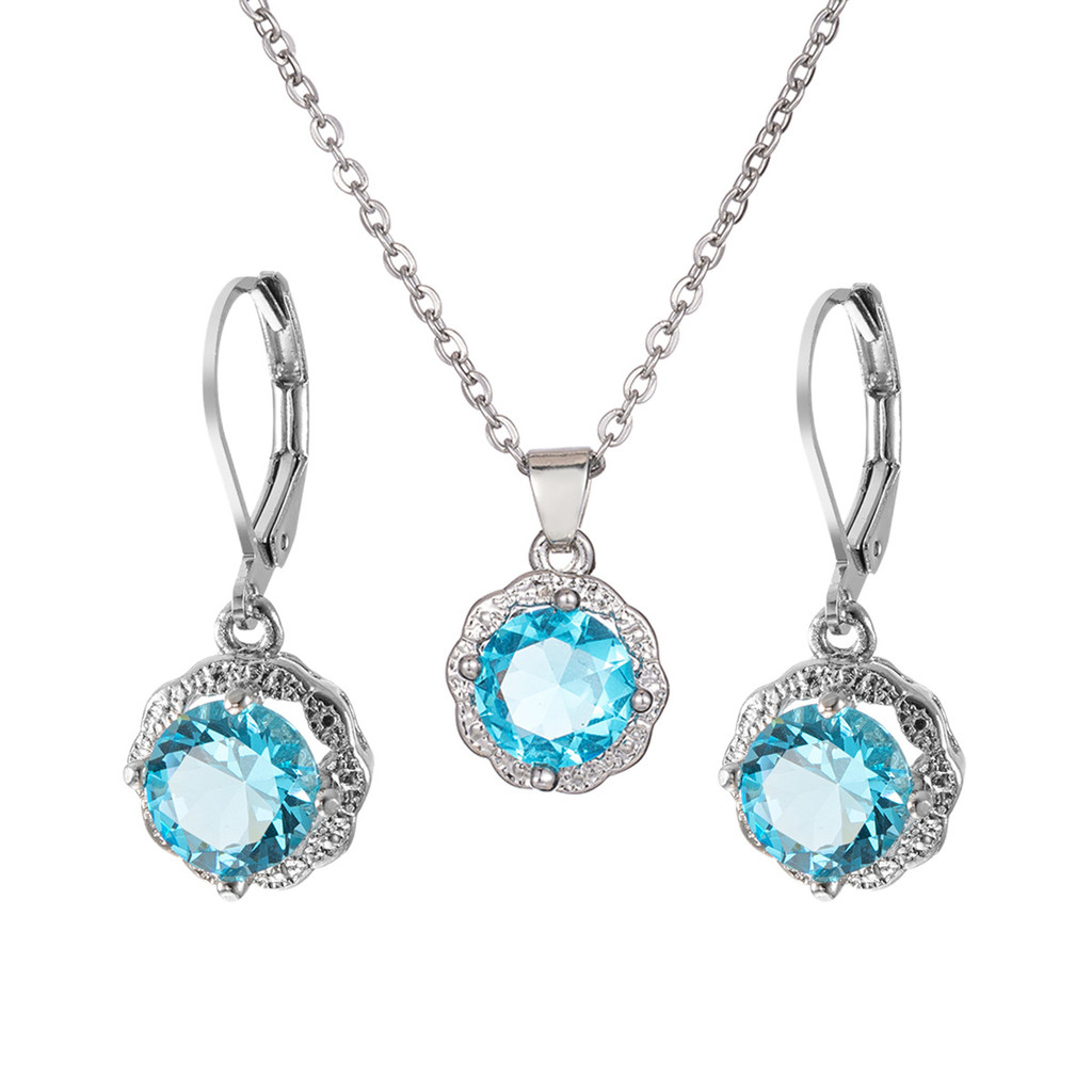 Simple 925 เงินสเตอร์ลิง Lake Blue รอบZircon Hoopต่างหูClavicleสร้อยคอผู้หญิงเจ้าสาวชุดเครื่องประดับ