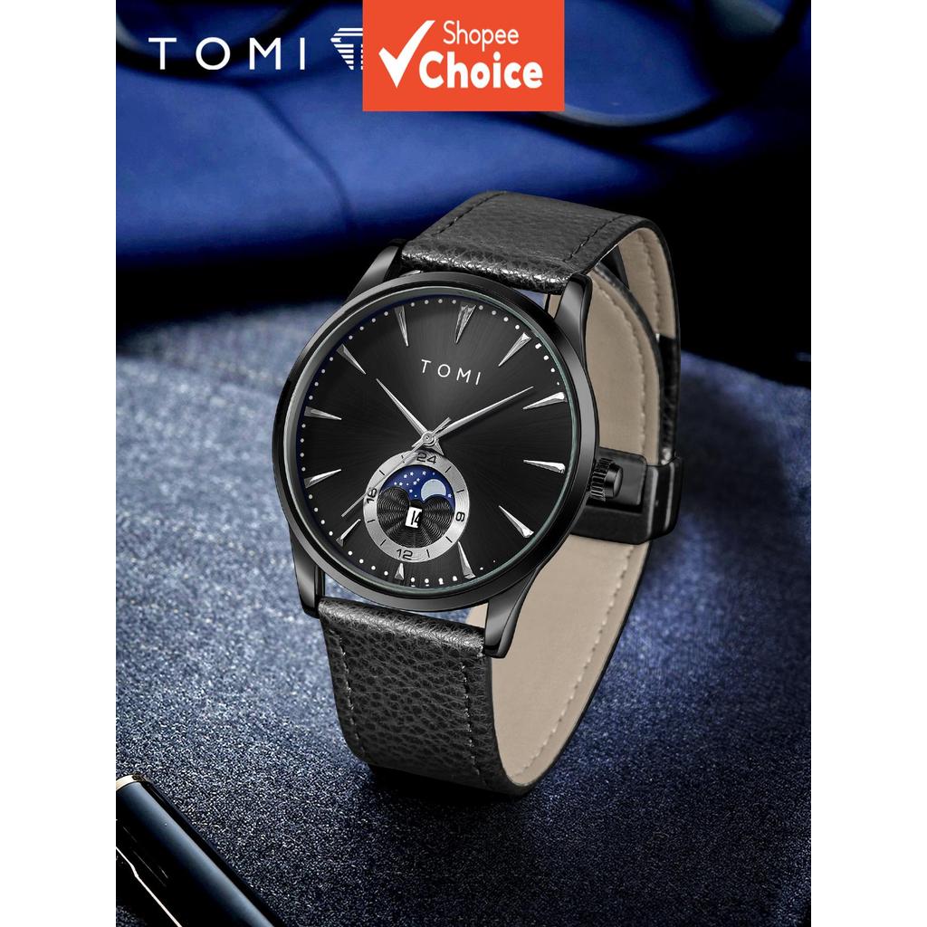 TOMI Mens Business Moon Phase Watch สายหนังสีดํา Blue Moon Phase & Date Display นาฬิกาข้อมือควอตซ์