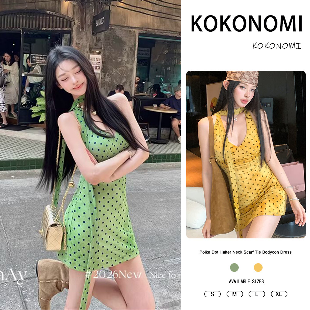 KOKOMI Polka Dot Halterneck ชุดแซมเมอร์Slim-fit แขนกุด คอวีโครเชต์ ดีไซน์bodycon