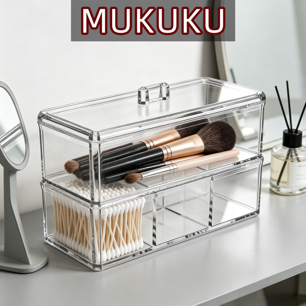 MUKUKU กล่องเก็บของ กล่องใส อะคริลิคใส กล่องใส่สำลี คัตตอนบัต แบบยาว ฝาปิด ใช้งานอเนกประสงค์