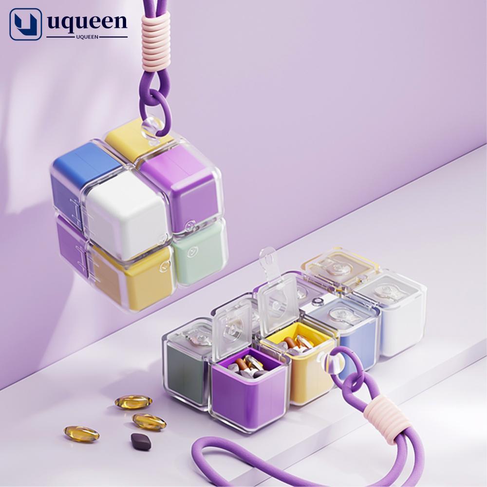 UQUEEN Fun Cube กล่องยาแบบพกพาพร้อมเชือกเส้นเล็กความจุขนาดใหญ่ปิดผนึกป้องกันความชื้น 7 วันรายสัปดาห์