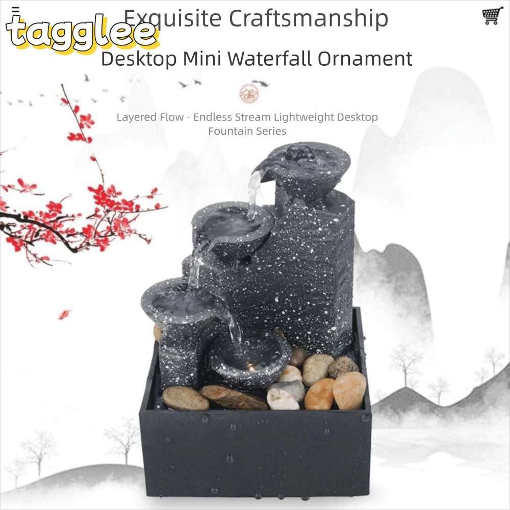 TAGGLEE น้ําพุน้ําหมุนเวียนไหลไมโครภูมิทัศน์น้ําตกฮวงจุ้ยจีน, แบตเตอรี่สร้างสรรค์/เสียบใน ABS เครื่องประดับน้ําไหลห้องนั่งเล่น
