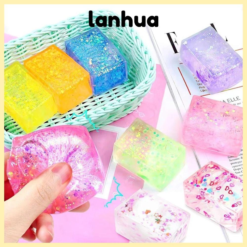 LANHUA ก้อนน้ําแข็งเจล, การบีบอัดเนื้อนุ่ม Glitter Squishy Cube, น้ําตาลมอลต์สร้างสรรค์ช้า Rise Squi