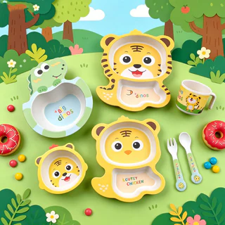 COD ชุดจานข้าวเด็ก ชุดจานเยื่อไผ่ 5PCS ไร้สาร BPA วัสดุปลอดภัย