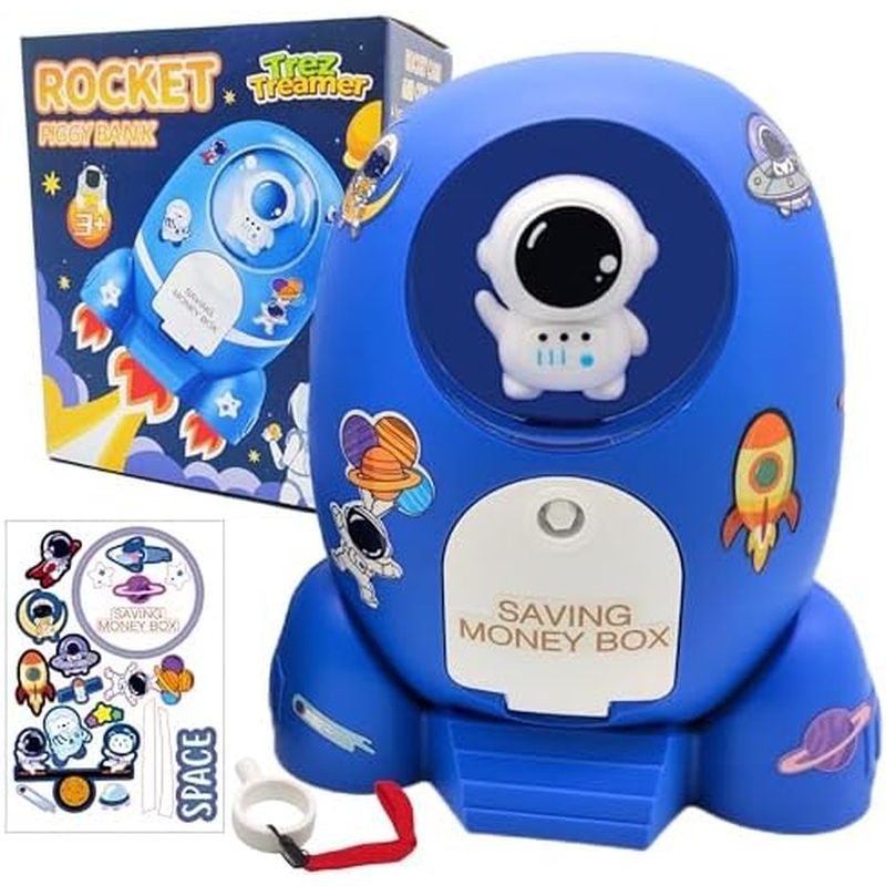 Rocket Ship Piggy Bank สําหรับชายเงินปลอดภัยนักบินอวกาศ Piggy Bank สําหรับเด็กเหรียญเงินสดสามารถ ATM