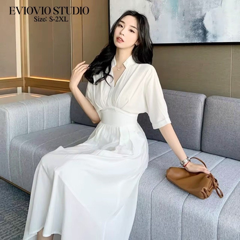 🧺S-2XL🧸【EVIOVIO】ชุดเดรสยาว จับจีบเอว ช่วยพรางหุ่น สไตล์ฝรั่งเศษ สีสุภาพ สินค้าพร้อมส่งจากไทย💟