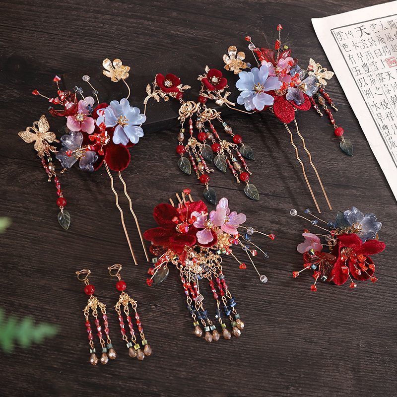 {YY} เจ้าสาว Xiuhe Headdress Hairpin Hanfu Flow สีแดงสไตล์โบราณ Step Shaking งานแต่งงานอุปกรณ์เสริมผมเจ้าสาวอุปกรณ์เสริมผู้หญิง
