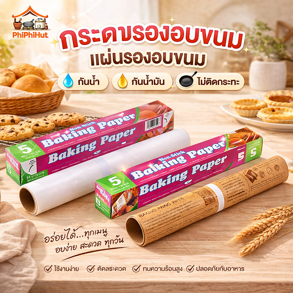 PPH กระดาษรองอบขนม แผ่นรองอบขนม กระดาษรองขนม กระดาษไขรองอบอาหาร 5/10 เมตร