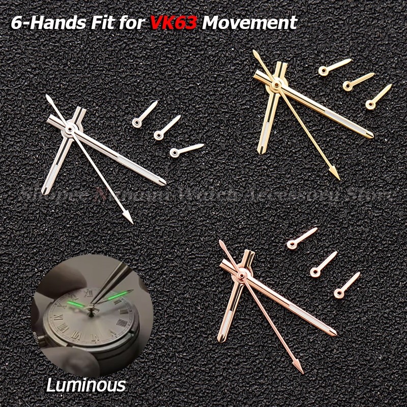 มือนาฬิกา Silver Gold Rose Gold 6-Hands Fit สําหรับ VK63 Quartz Movement สีเขียว Luminous นาฬิกาอะไหล่ Pointer เข็มอุปกรณ์เสริมเปลี่ยน