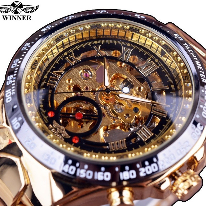 WINNER Mens Unique Fashion Gold Half Steel Hollow Semi-Automatic Mechanical Watch