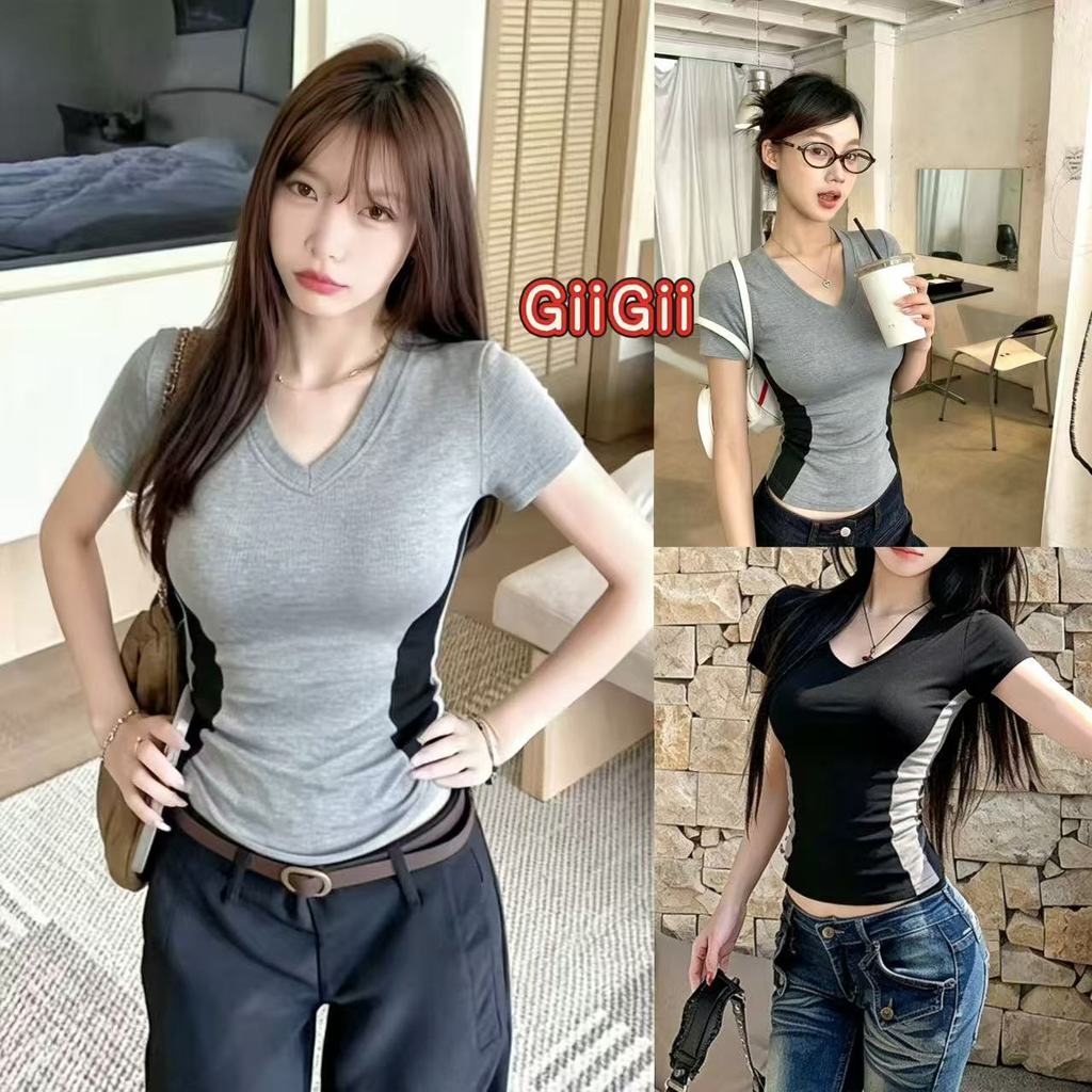 GiiGii ส่งไวจากไทย 2สี เสื้อยืดคอวี แขนสั้น ผู้หญิง ทรงสลิมฟิต สีตัดกัน สไตล์เกาหลี