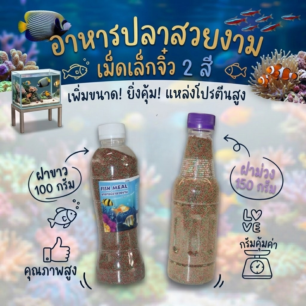 อาหารปลาสวยงาม เม็ดเล็กจิ๋ว 2 สีอาหารปลาหางนกยูง ปลาคราฟ ปลาทอง ปลาสวยงามทุกชนิด