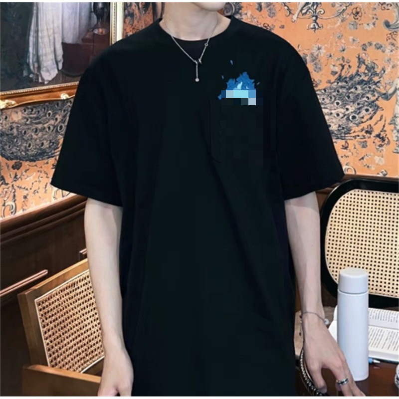 เสื้อยืดผ้าฝ้ายสำหรับทุกไซส์ ออกแบบสำหรับทั้งผู้ชายและผู้หญิง ลายกระเป๋าเปลวไฟเย็บปักถักร้อย สไตล์สบายในหน้าร้อน