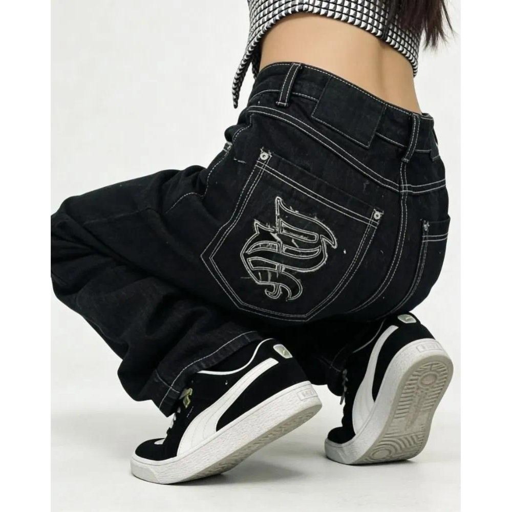 2026 Low Waist Black and White Line Pocket USD Embroidered Jeans Women's Y2K Fashion Clothing Loose 