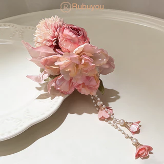 Rubuyou กิ๊บติดผมลายดอกไม้ สีชมพู ประดับพู่ ฤดูร้อนคลิปด้านข้าง สำหรับผู้หญิง วันหยุดพักผ่อน/ริมทะเล เครื่องประดับผม-COD