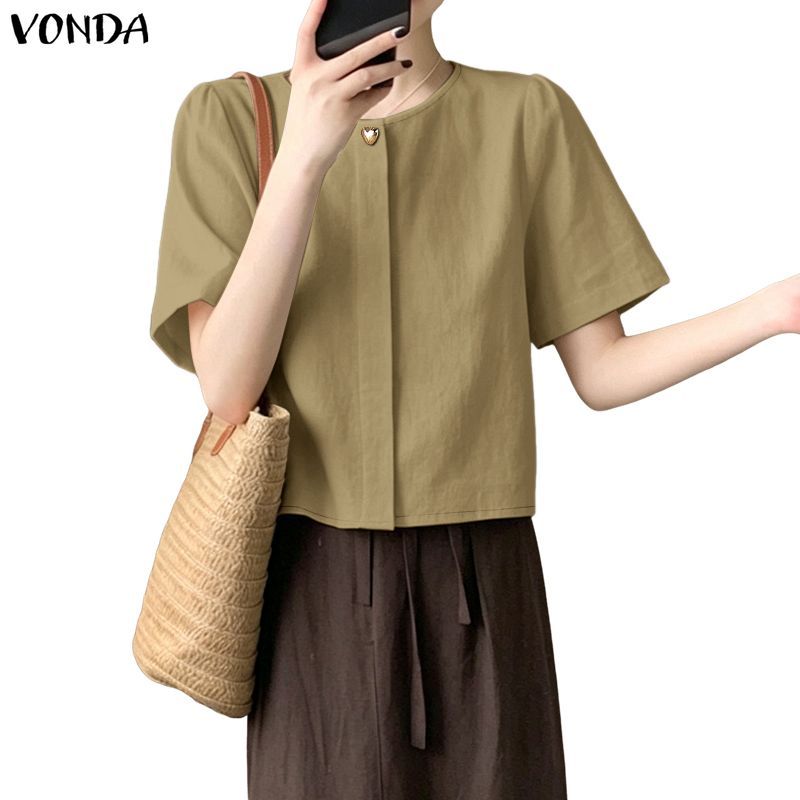 Vonda ผู้หญิงเกาหลีแข็งระบายอากาศผ้าฝ้ายผ้าลินินเสื้อลําลองรอบคอปุ่มปกติไหล่ H-Type ทอ Commute แขนสั