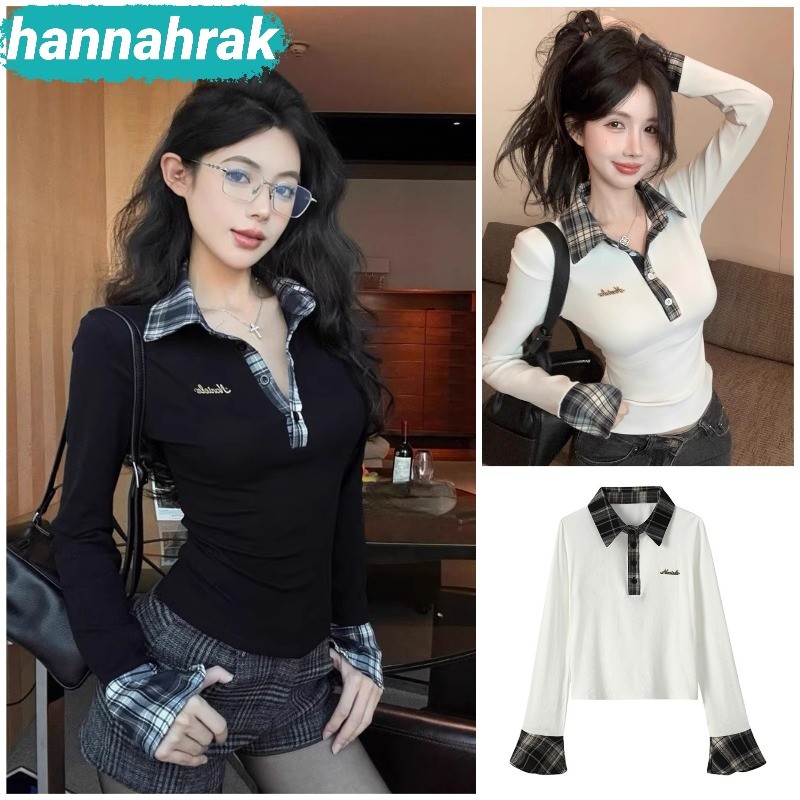 (ส่งจากกรุงเทพฯ)เสื้อเชิ้ตผู้หญิงpolo แขนยาว ลายตาราง ตัดต่อคอและแขนปักลาย เอวรัดรูป เซ็กซี่เบาๆ สไตส์เกาหลี