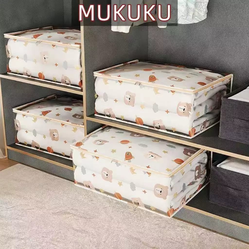 MUKUKU กระเป๋าเก็บเสื้อผ้า ลายหมีน่ารัก ความจุขนาดใหญ่ กันน้ํา ถุงเก็บของ PEVA ใส ซิปรูดปิด