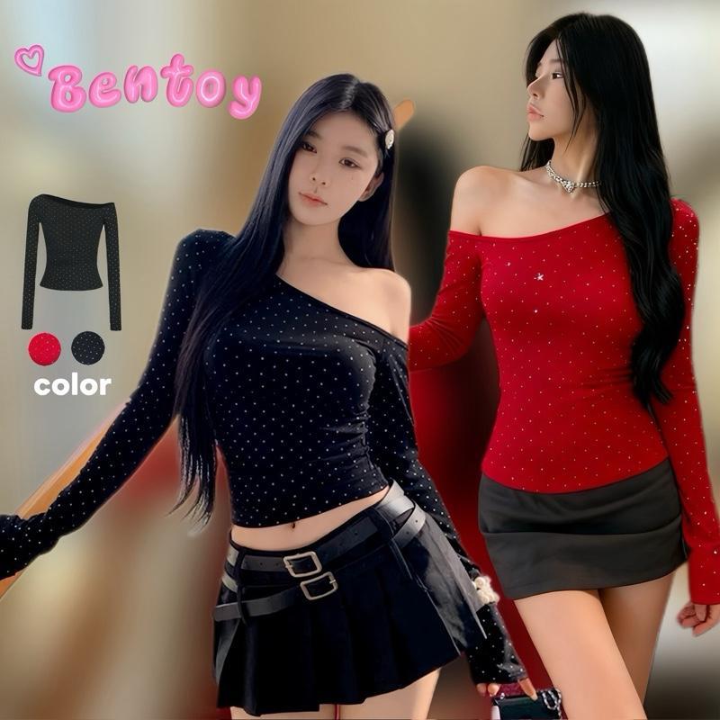 bentoy พร้อมส่งในไทย เสื้อยืดไหล่เฉียง แขนยาว ดีเทลติดเพชรทั้งตัว ฟุ้งฟลิงมาก 2319 ฤดูใบไม้ร่วง มาใหม่ สาวฮอต เปิดไหล่