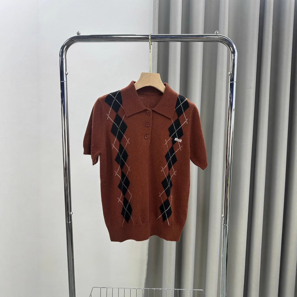 E2YL M11U*MM 2024New style casual elegant knit turn-down collar short sleeve top for women