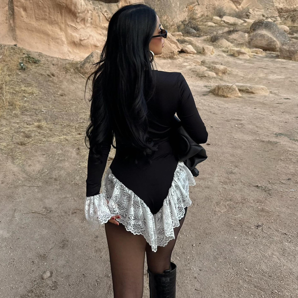 ชุดสตรีสไตล์ยุโรปและอเมริกัน ฤดูใบไม้ร่วงถึงฤดูหนาว 2025 เข้าทรงดูผอม แขนยาว มีลูกไม้ - รูปที่ 2