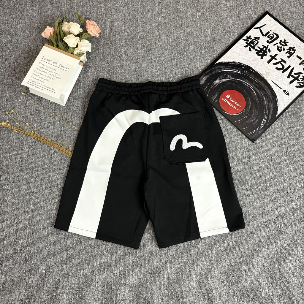 new 2025 evisu กางเกงขาสั้นทรงใหญ่สไตล์Street Wear Brushed สำหรับฤดูร้อน PCOT