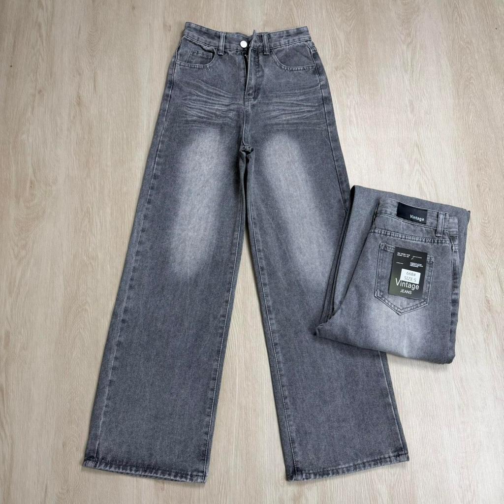 กางเกงยีนส์ขากระบอกกลาง สีเทาฟอกแต่งเฟด#668