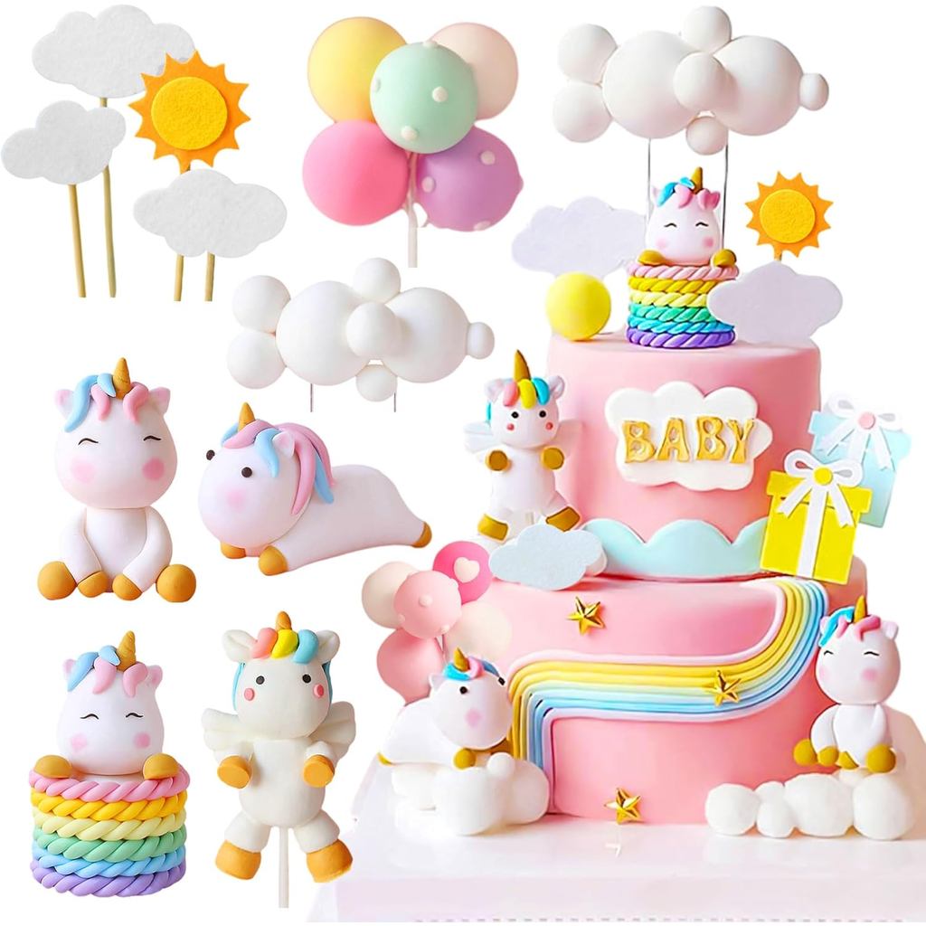 JeVenis Luxury Unicorn Cake Topper & Party Favors - ตกแต่งวันเกิดสีรุ้งสําหรับเด็กผู้หญิง