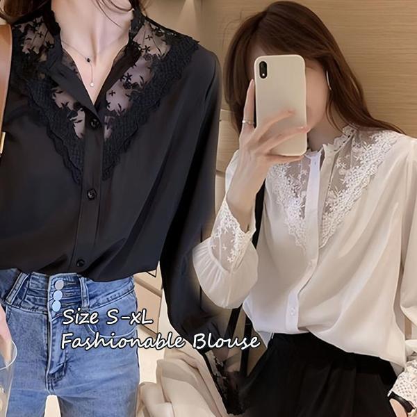 mimi&didi#เสื้อเบลาส์ลูกไม้สีดำดีไซน์คอวี เสื้อชั้นในแขนยาว สไตล์ทันสมัยและหรูหรา สำหรับผู้หญิง#99293