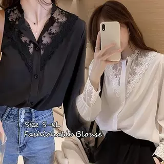 mimi&didi#เสื้อเบลาส์ลูกไม้สีดำดีไซน์คอวี เสื้อชั้นในแขนยาว สไตล์ทันสมัยและหรูหรา สำหรับผู้หญิง#99293