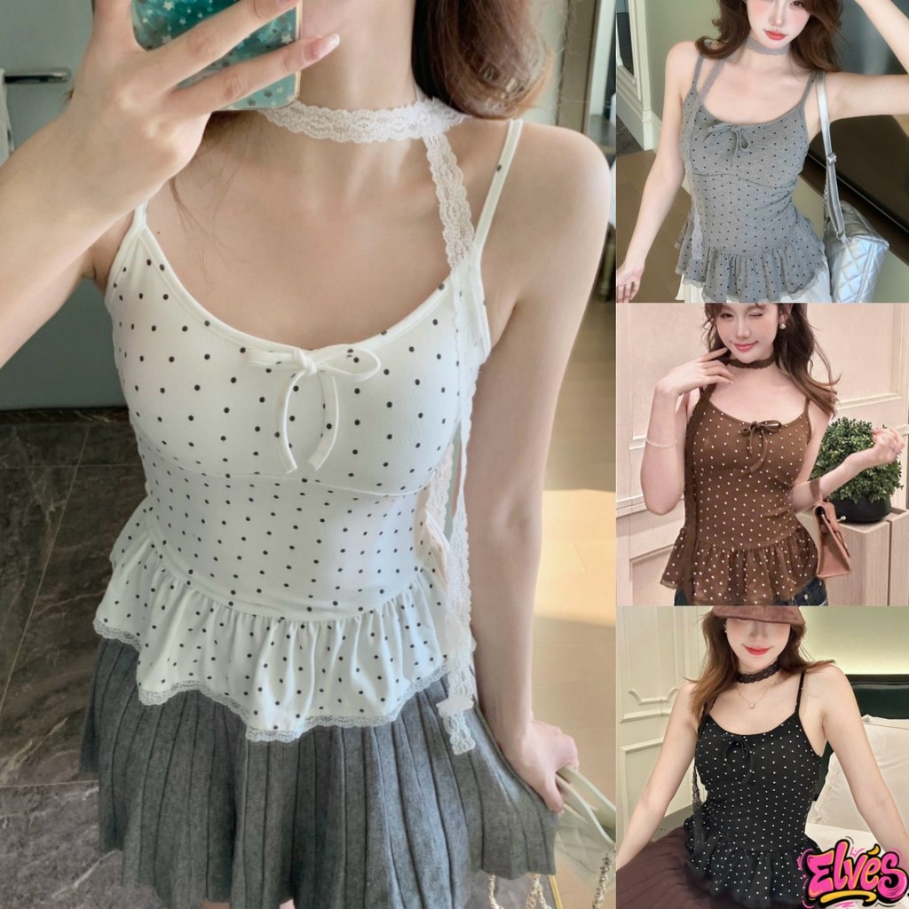 Elves พร้อมส่ง เสื้อสายเดี่ยว เสริมฟองน้ำ ดีเทลลายจุดสไตล์เกาหลี เสื้อผ้าแฟชั่นผู้หญิง