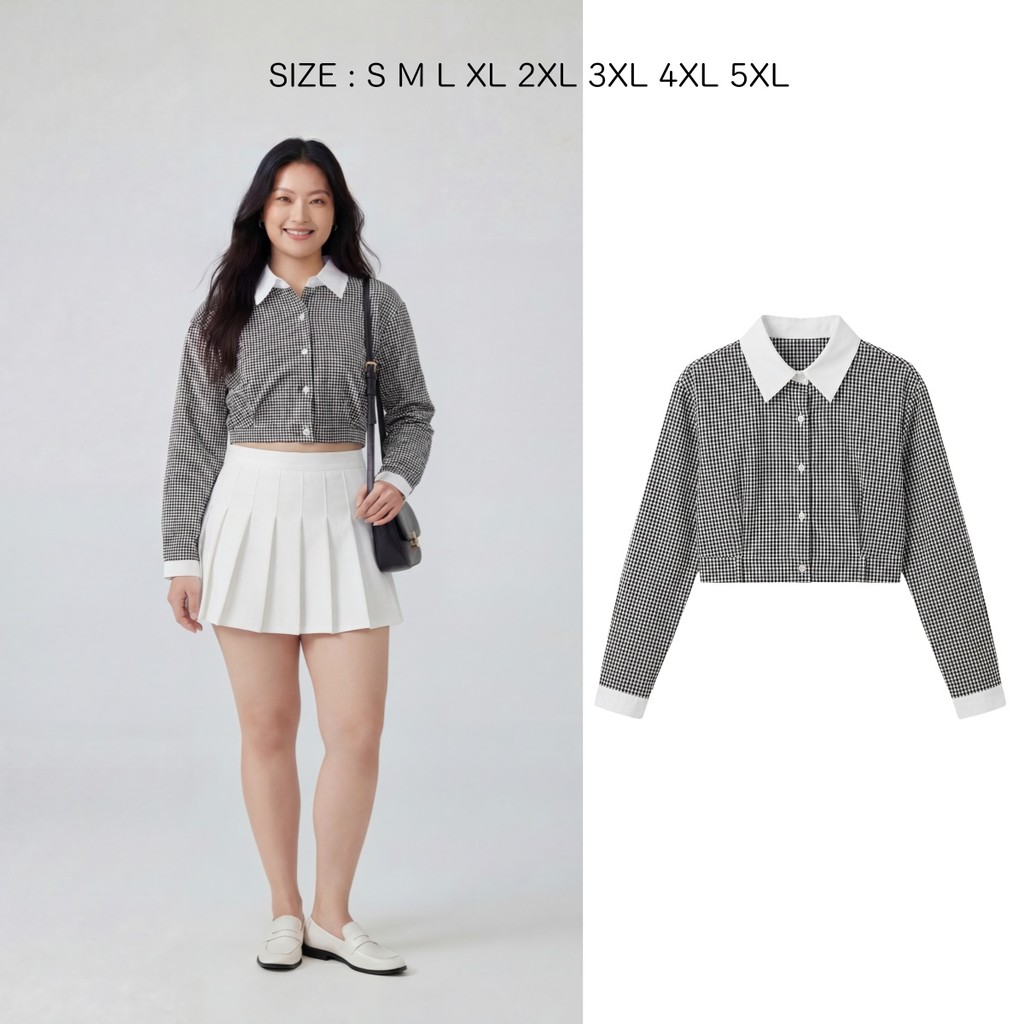 เสื้อครอปแขนยาว ลายตาราง มีไซส์ S-5XL ดีเทลคอปกขาว-ปลายแขนขาว สไตล์เกาหลี มินิมอล