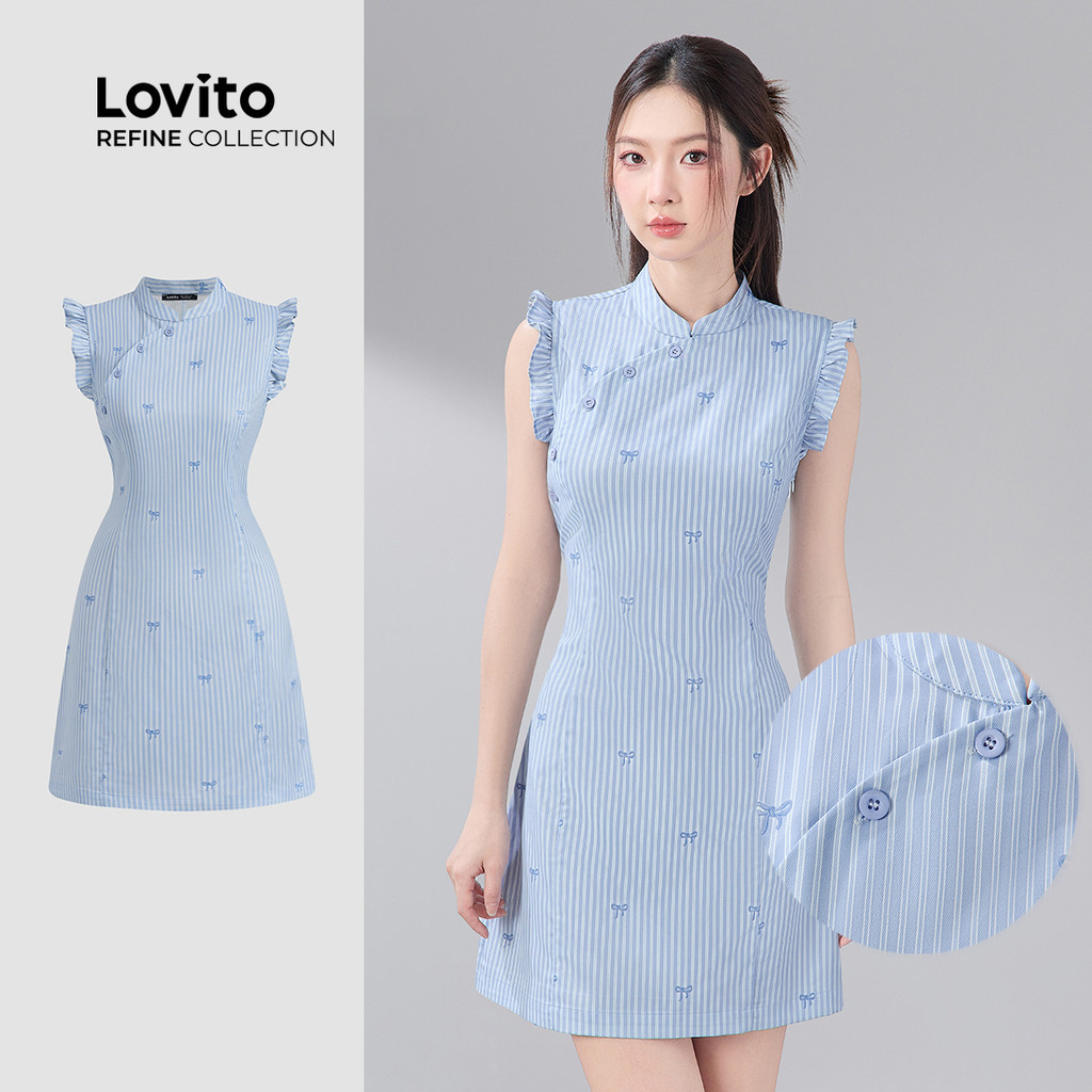 (NEW) (Lovito Refine) ชุดเดรสน่ารักติดกระดุม รูปทรงไม่สมมาตรสำหรับฤดูใบไม้ผลิ/ฤดูร้อน สีฟ้า สำหรับผู้หญิง LR21A687